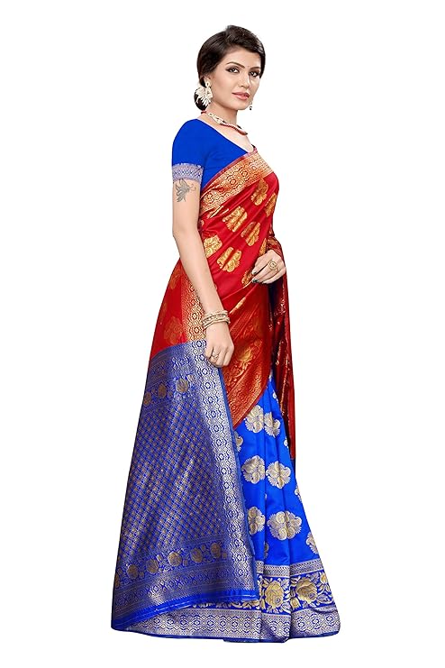 Women Vishitra Silk Digital Printed Saree With Printed Lace Border Work With Blouse Piece, BLUE RED