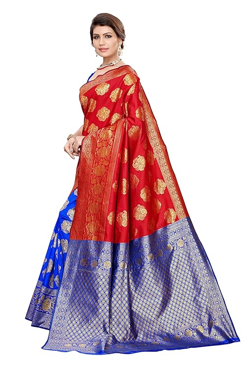 Women Vishitra Silk Digital Printed Saree With Printed Lace Border Work With Blouse Piece, BLUE RED 3