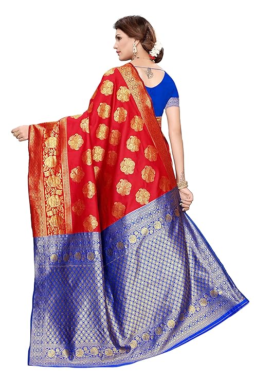 Women Vishitra Silk Digital Printed Saree With Printed Lace Border Work With Blouse Piece, BLUE RED