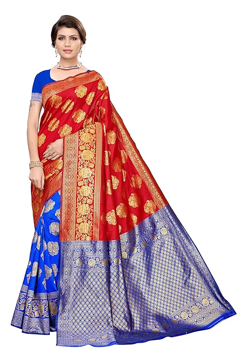 Women Vishitra Silk Digital Printed Saree With Printed Lace Border Work With Blouse Piece, BLUE RED 4