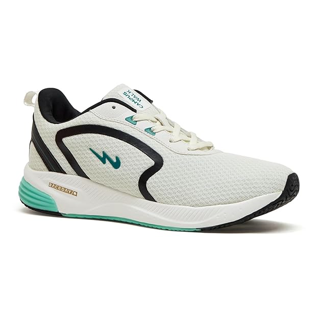 White running shoe with black and green accents on a white background