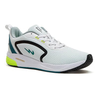 White running shoe with black and green accents on a white background