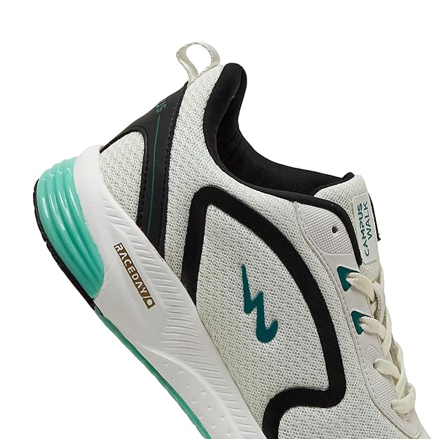 White running shoe with black and teal accents on a white background