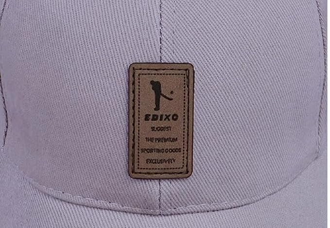 Gray cap with a brown leather patch featuring a logo and text on a gray background