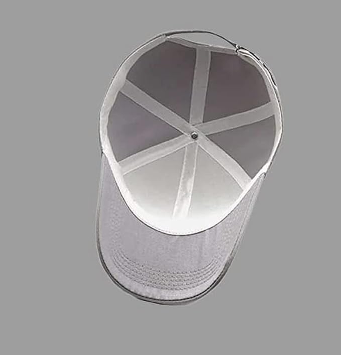 White baseball cap with mesh back on a gray background