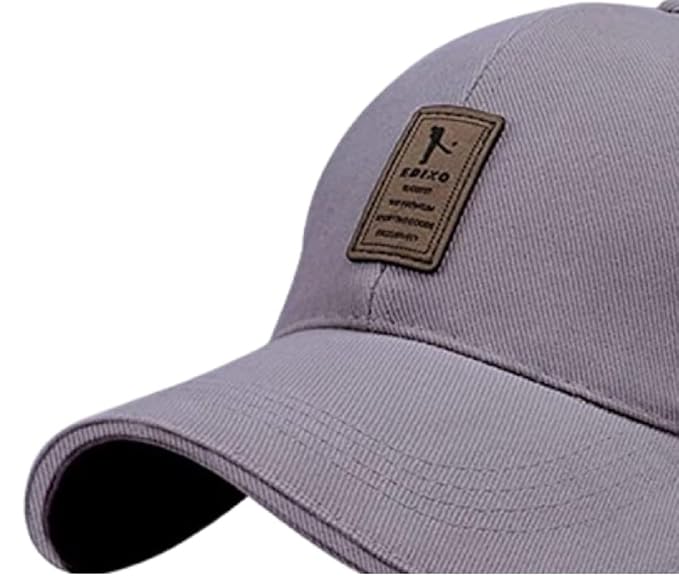 Gray baseball cap with a brown leather patch on a white background