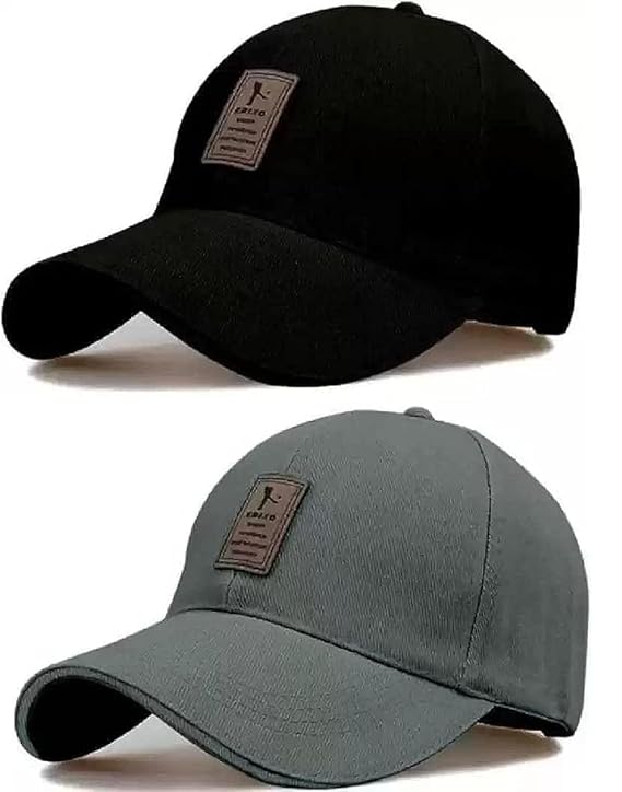 Two baseball caps, one black and one gray, with a brown patch on a white background.