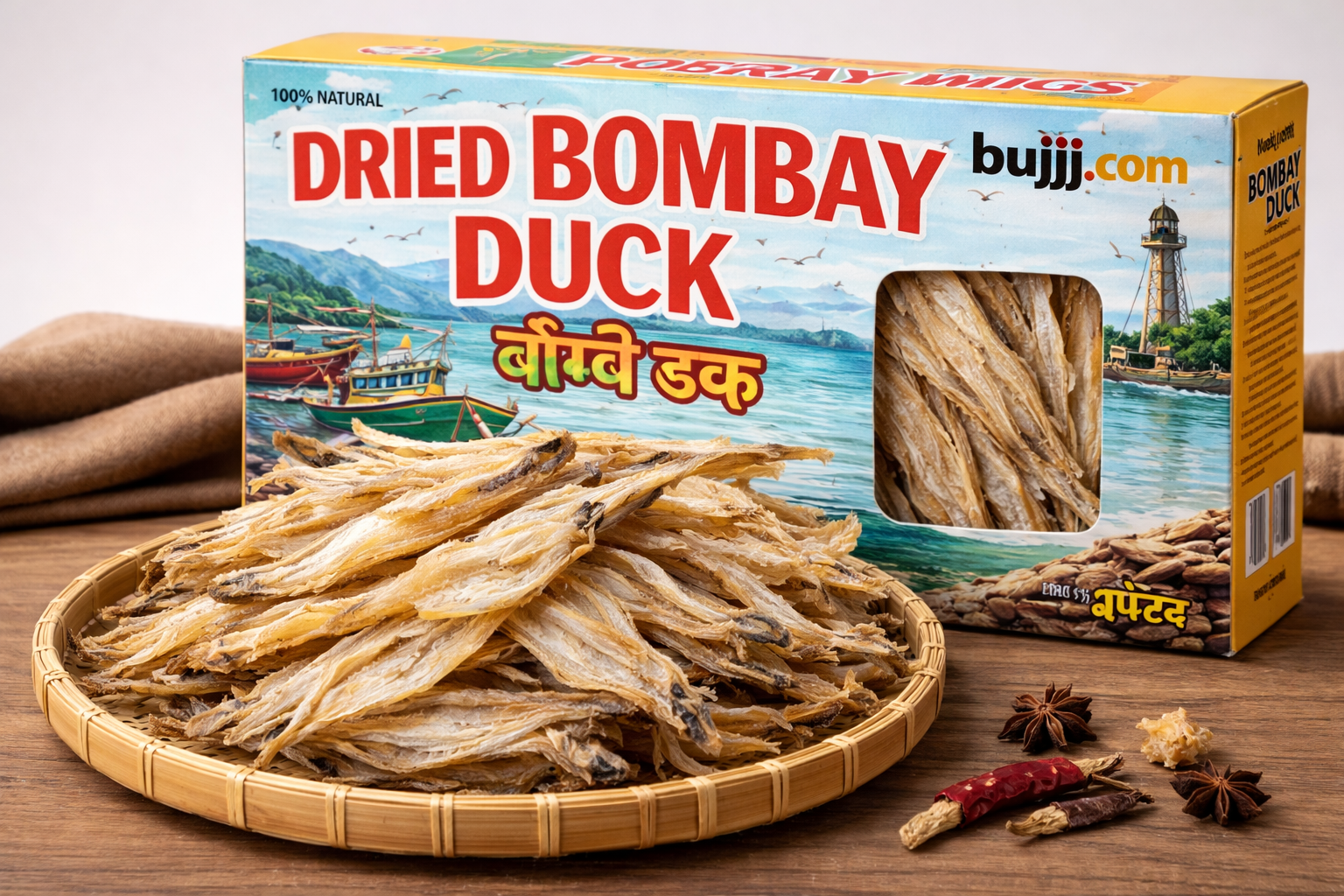 Dried Bombay duck with packaging on a wooden surface