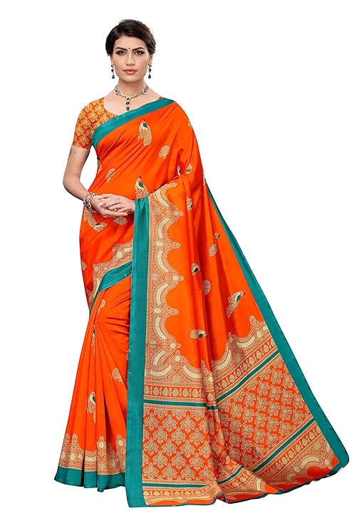 Orange saree with green border and intricate patterns on a white background