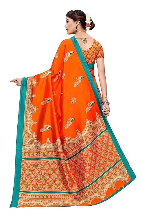Orange saree with green border worn by a model on a white background