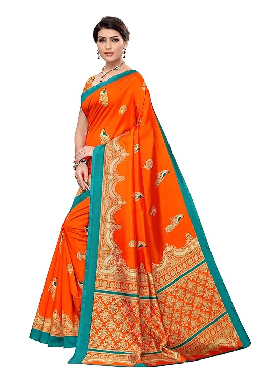 Orange saree with green border worn by a model on a white background