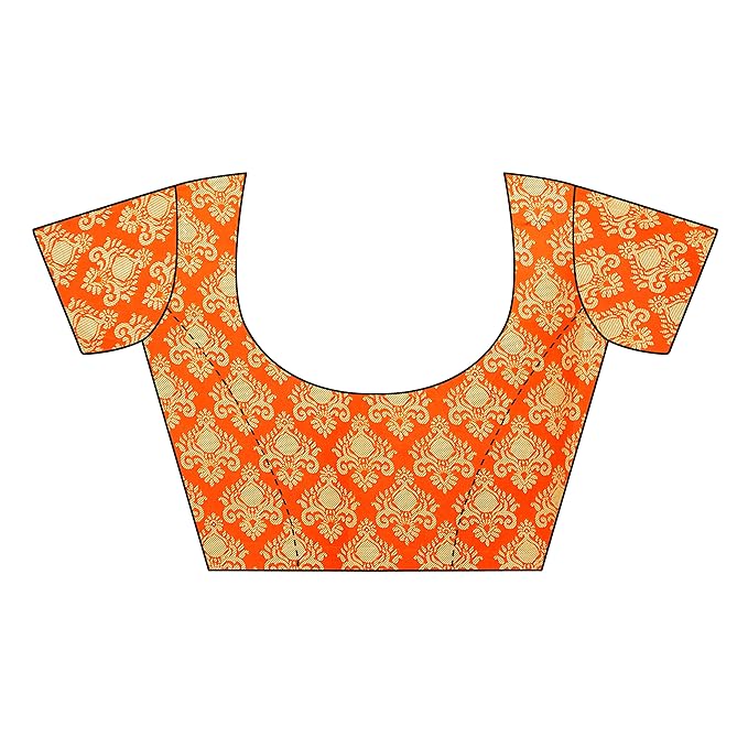 Orange and gold patterned blouse on a white background