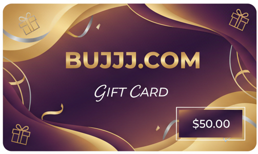 Gift card with 'BUJJJ.COM' branding and a $50.00 value on a purple and gold background.