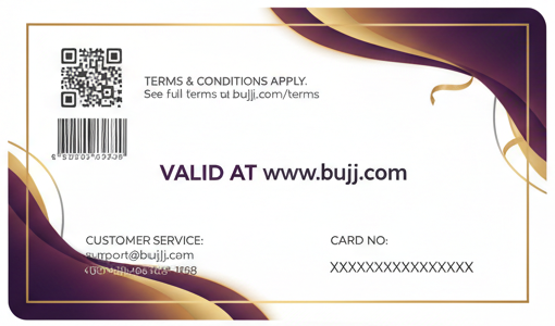 Card with QR code, text, and decorative elements on a white background