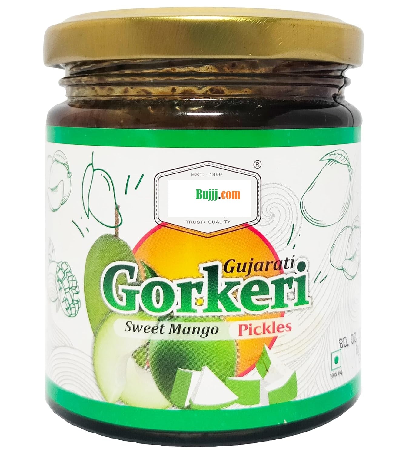 Jar of Gujarati Gorkkeri Sweet Mango Pickles with a gold lid on a white background