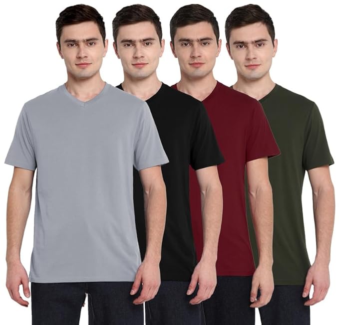 Four men wearing gray, black, red, and green t-shirts on a white background