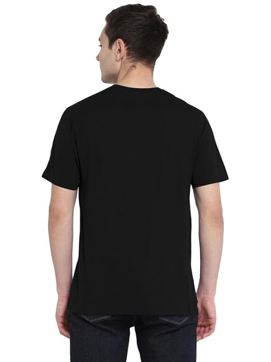 Person wearing a black t-shirt on a white background