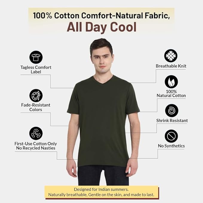 Man wearing a green t-shirt with text highlighting features of the fabric on a white background