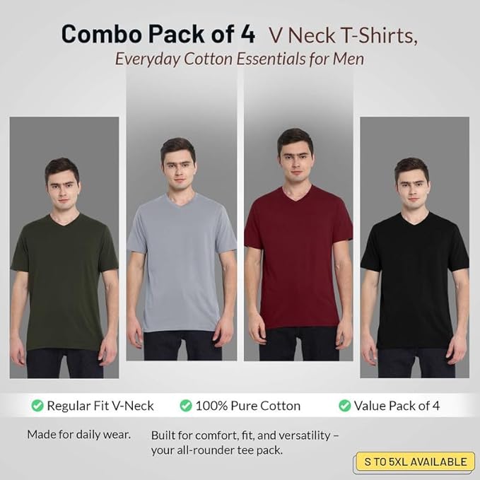 Four V-neck t-shirts in different colors worn by models on a gray background with text detailing product features.