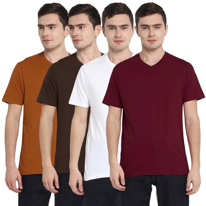Four men wearing different colored t-shirts on a white background
