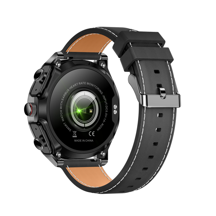 Smartwatch with black strap and brown leather accent on a white background