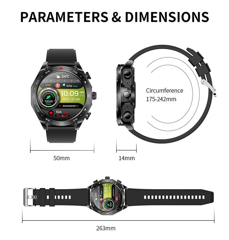 Smartwatch with dimensions and circumference measurements on a white background