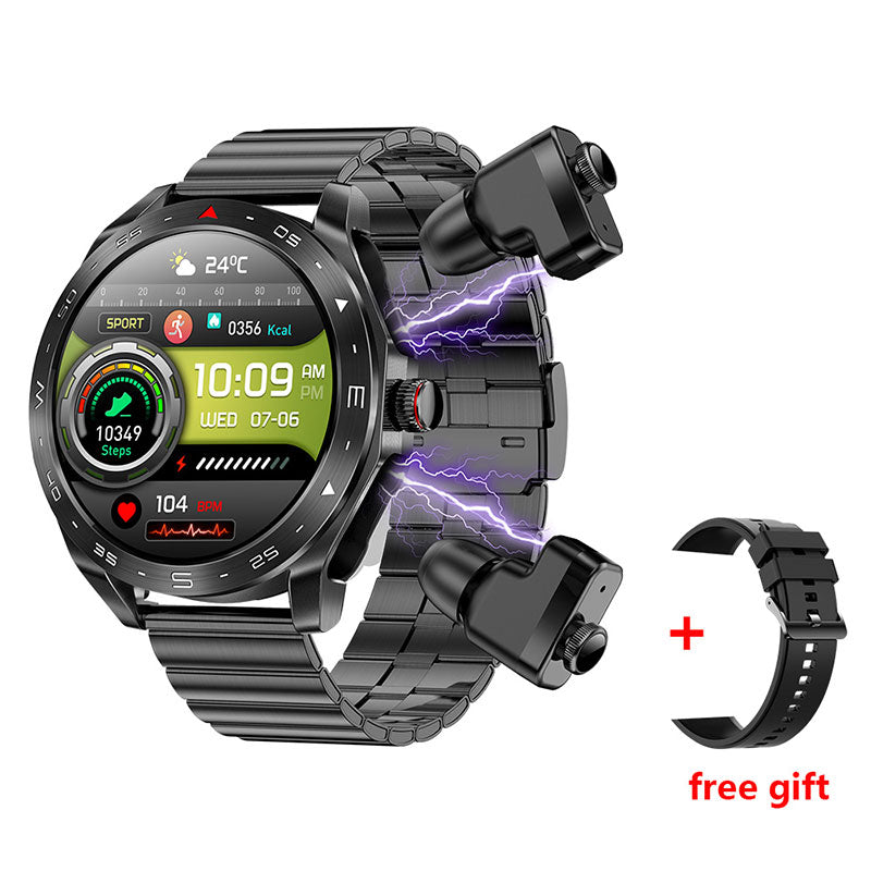 Smartwatch with metal band and additional band, featuring a lightning bolt graphic on a white background.