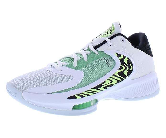 White athletic shoe with green and black pattern on a white background