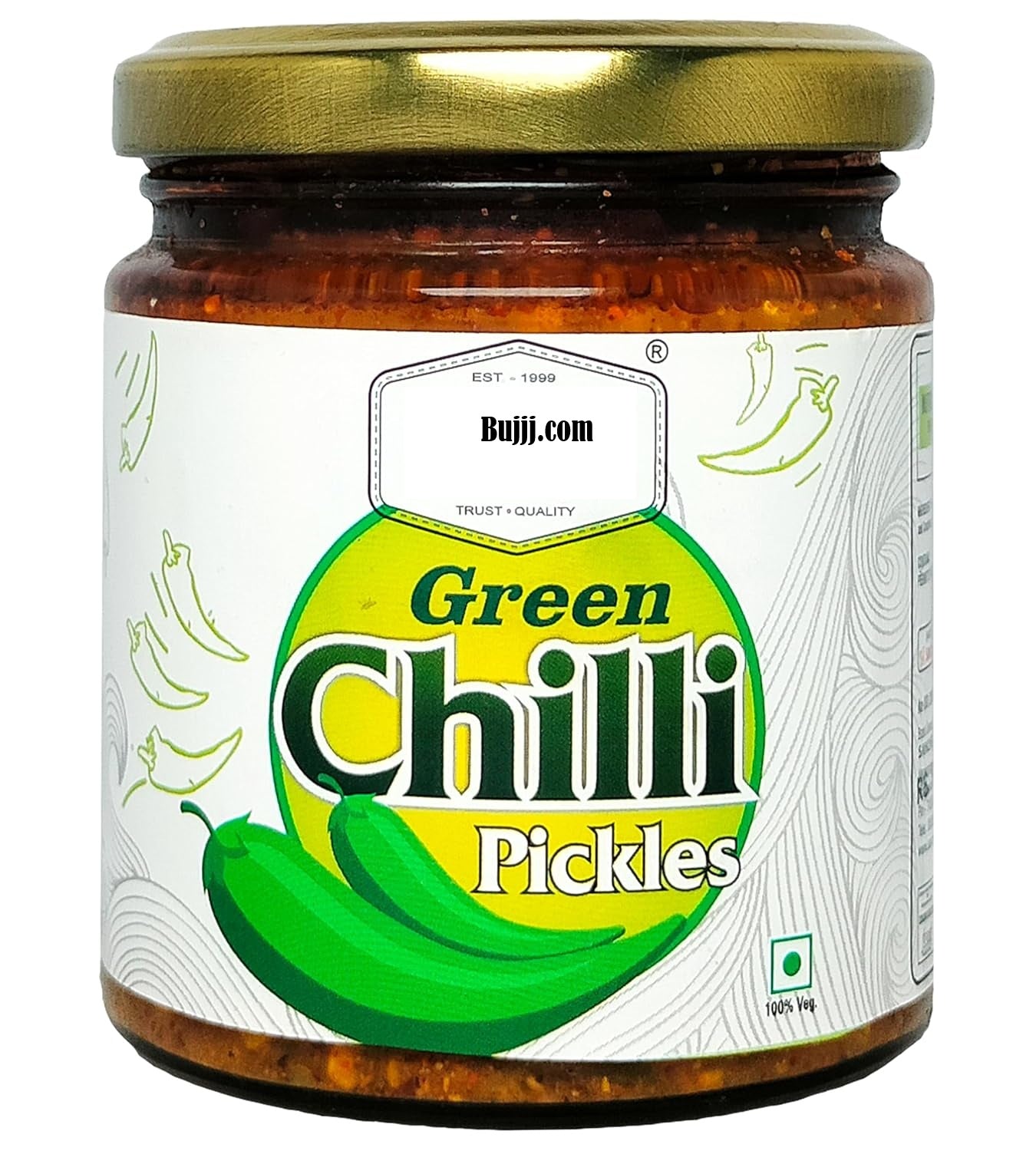 Jar of green chilli pickles with a gold lid on a white background