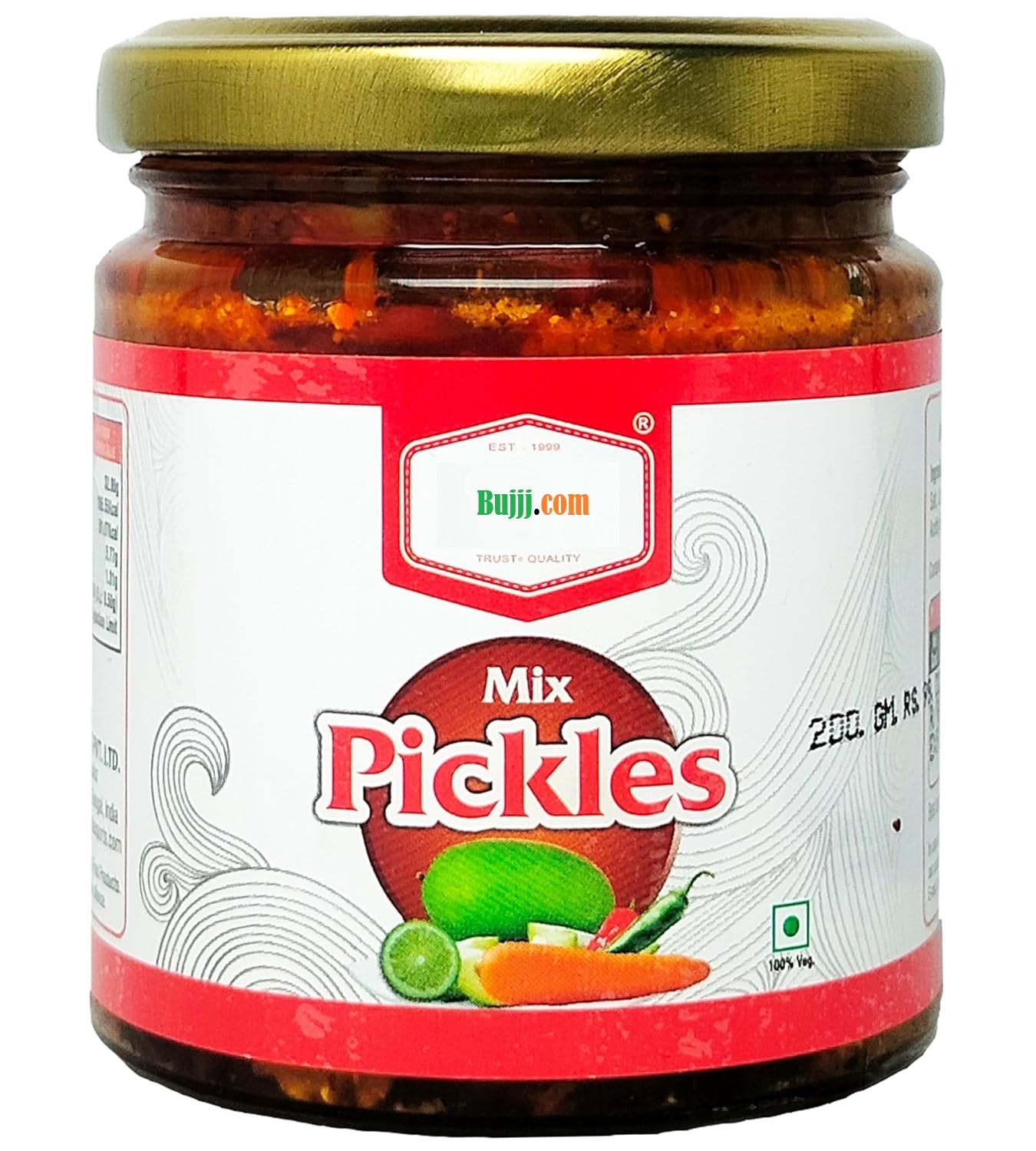 Jar of mixed pickles with a gold lid on a white background