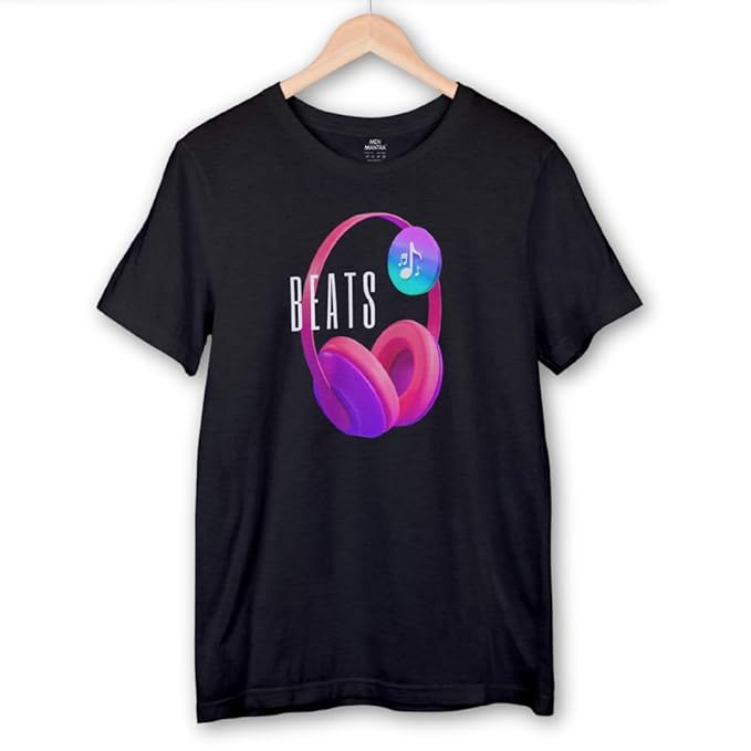 Black t-shirt with colorful headphones graphic and 'BEATS' text on a hanger against a white background