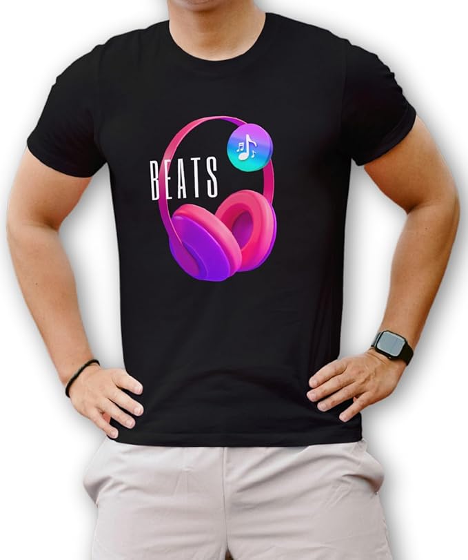 Person wearing a black t-shirt with a colorful 'BEATS' logo and headphones design.