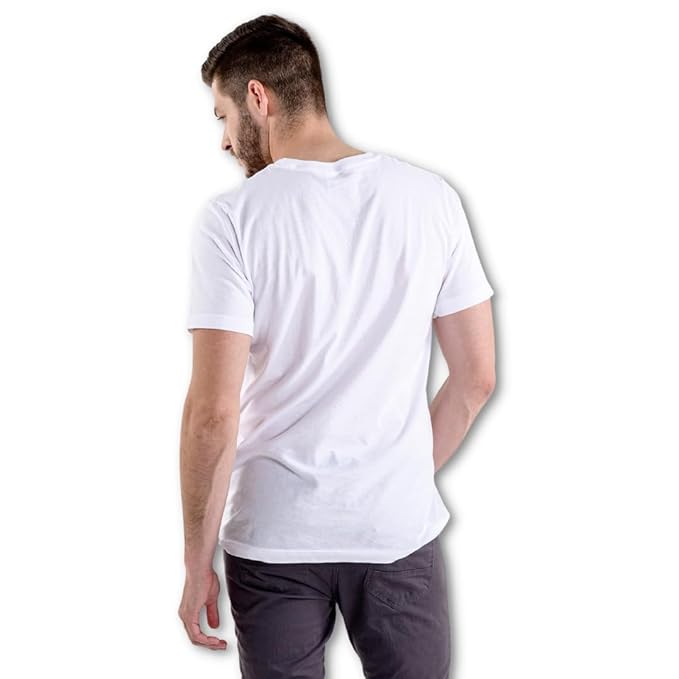 Man wearing a plain white t-shirt on a white background