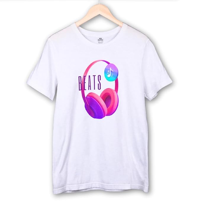 White t-shirt with colorful headphones graphic and 'BEATS' text on a hanger against a white background