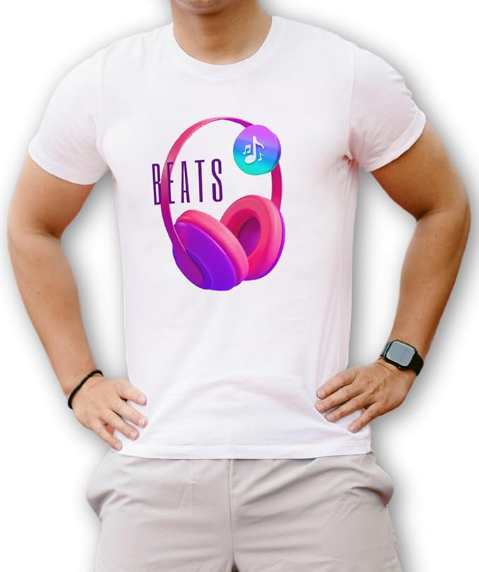 Person wearing a white t-shirt with a graphic of pink headphones and 'BEATS' text.
