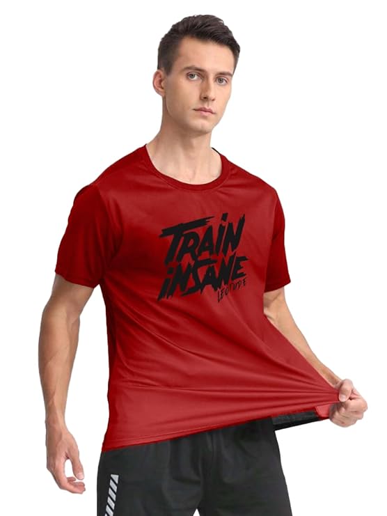 Man wearing a red t-shirt with 'Train Insane or Die Tryin'' text on a white background