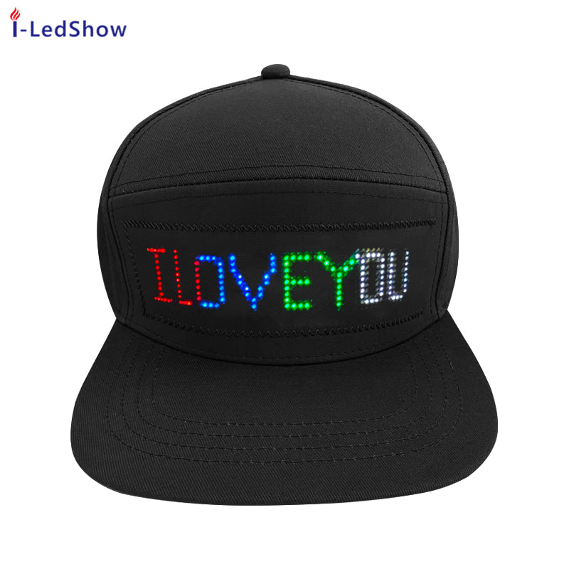 Black LED cap displaying 'I LOVE YOU' on a white background