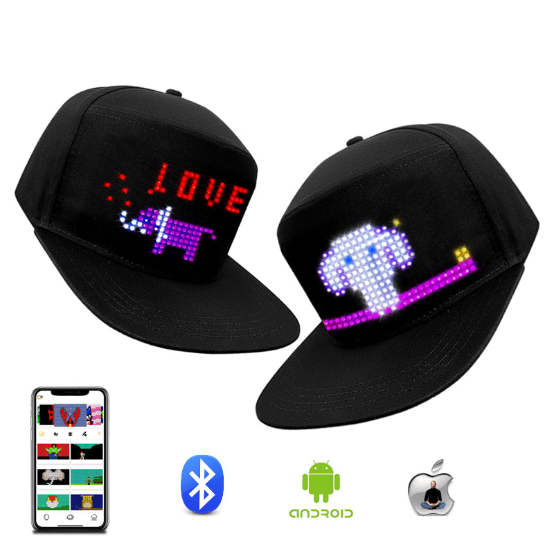 Black LED caps with digital displays and smartphone app interface on a white background