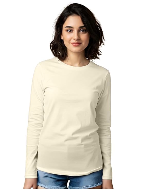 Woman wearing a beige long-sleeve shirt on a white background