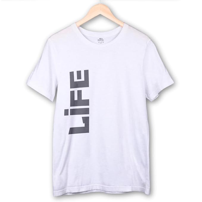 White t-shirt with 'LIFE' printed on it, hanging on a wooden hanger against a white background.