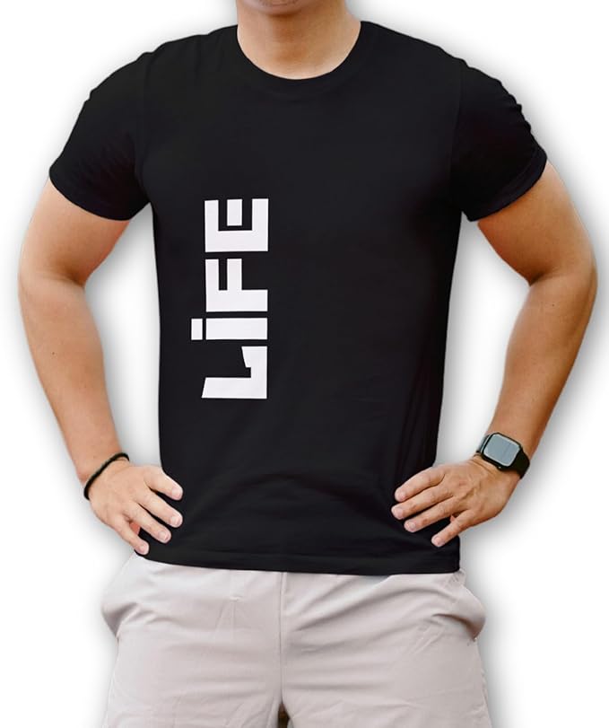Person wearing a black t-shirt with 'LIFE' printed on it against a white background