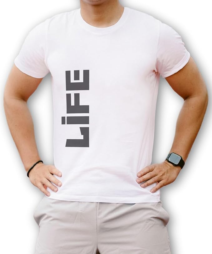 Person wearing a white t-shirt with 'LIFE' printed on it against a white background