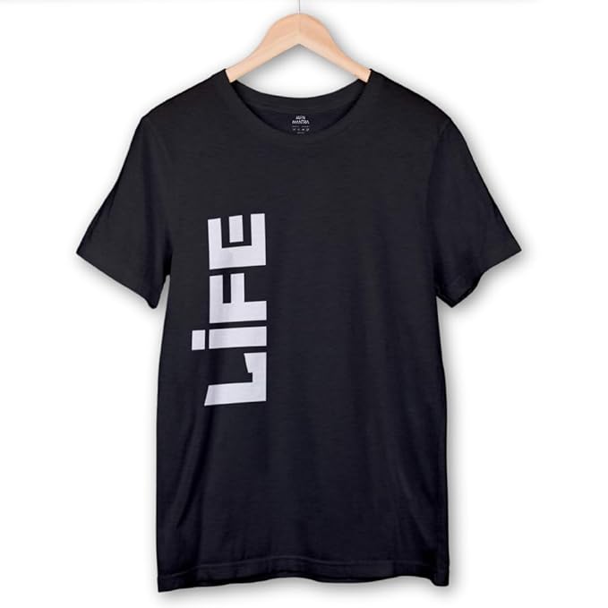 Black t-shirt with 'LIFE' printed on it, hanging on a wooden hanger against a white background.