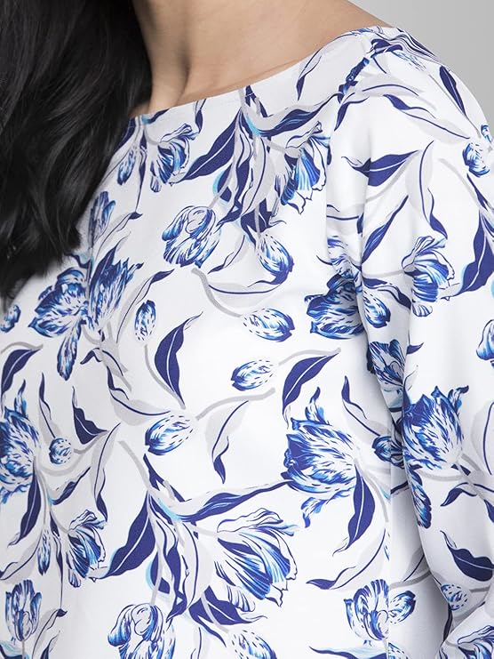 Women's Casual Top | Straight Fit Boat Neck 3/4 Sleeves Floral Print | Lightweight Fabric Vacation Outings 3