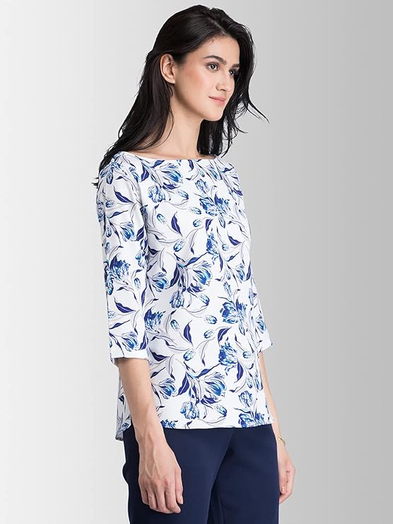 Women's Casual Top | Straight Fit Boat Neck 3/4 Sleeves Floral Print | Lightweight Fabric Vacation Outings 5