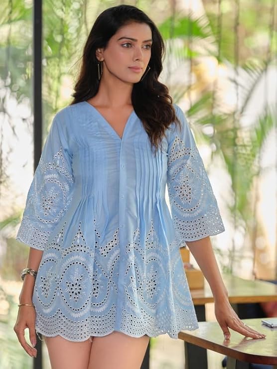 Women's Cotton Embroidered Tunic with V Neck 3/4 Sleeves Button Closure Short Dresses 4