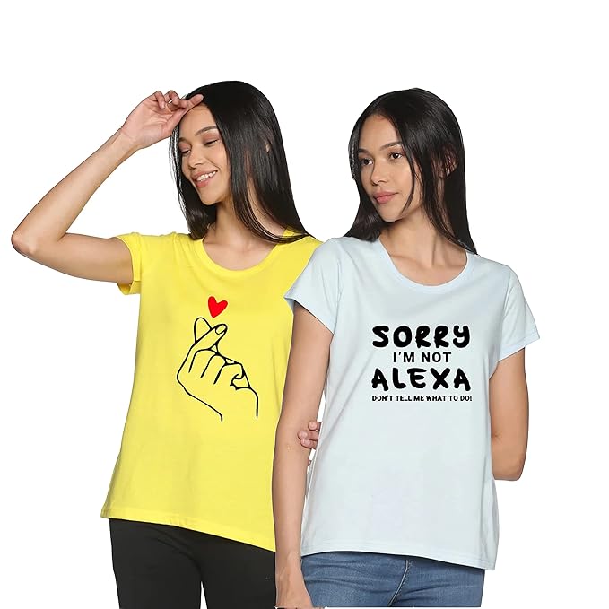 Two women wearing t-shirts with unique designs on a white background