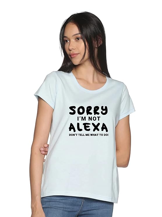 Woman wearing a white t-shirt with 'Sorry I'm Not Alexa' text on a white background