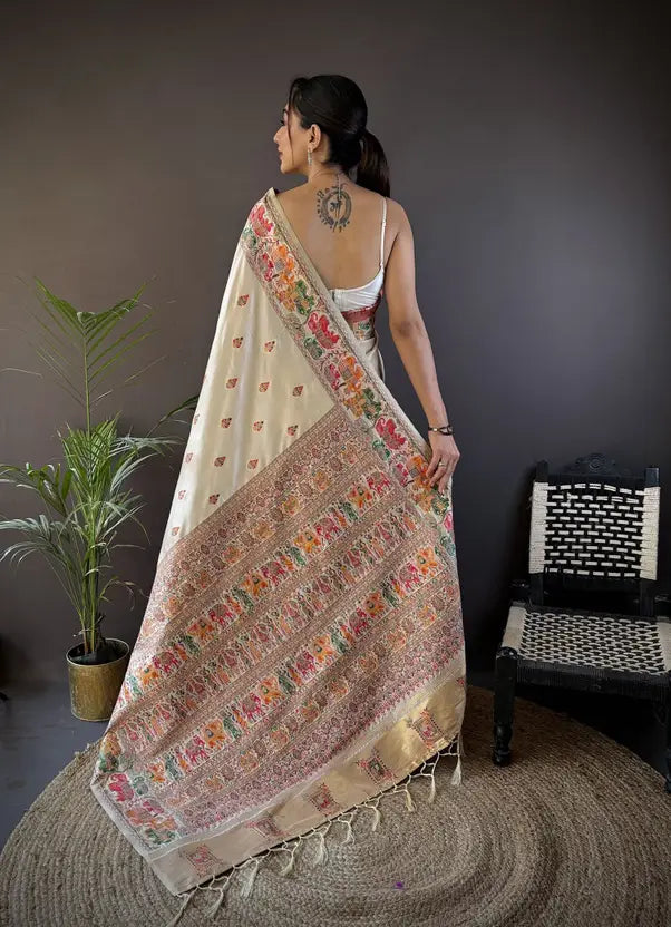 Woven Banarasi Silk Blend Saree  (White) 3