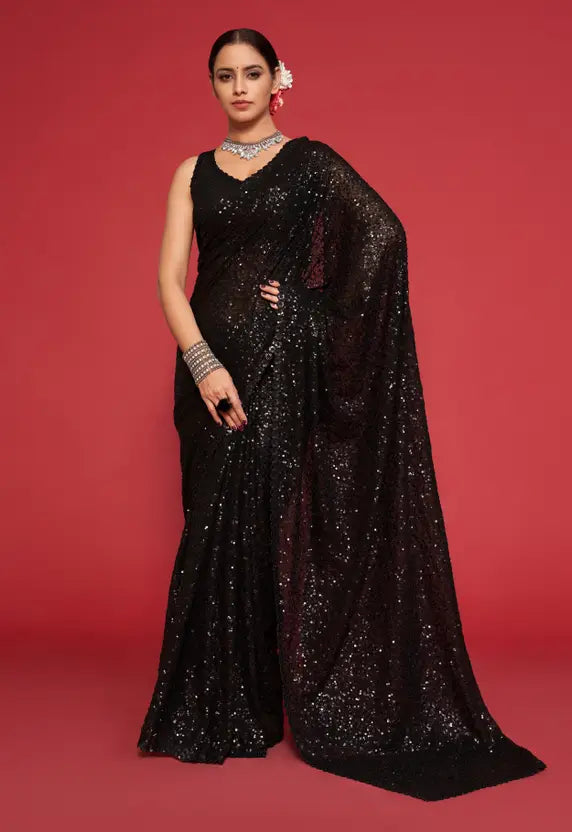 Embellished Bollywood Georgette Saree  (Black) 4
